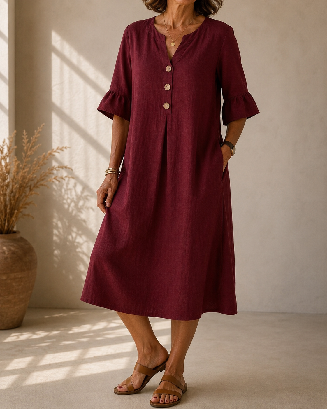 Delphine™ | Robe midi qui camoufle le ventre avec boutons