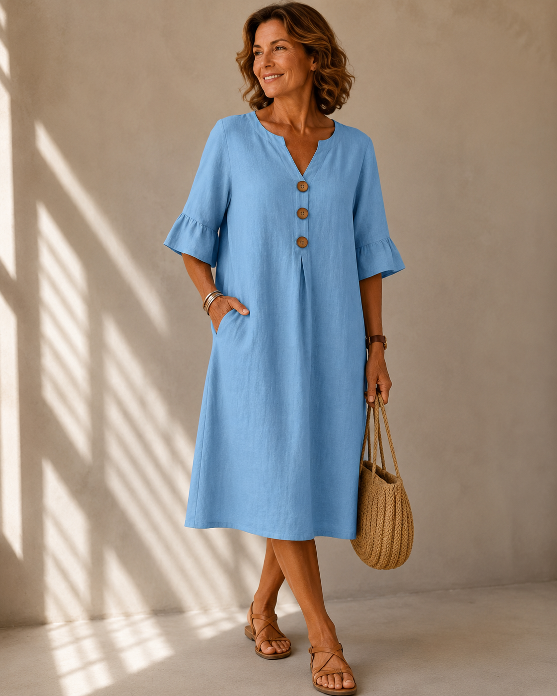 Delphine™ | Robe midi qui camoufle le ventre avec boutons