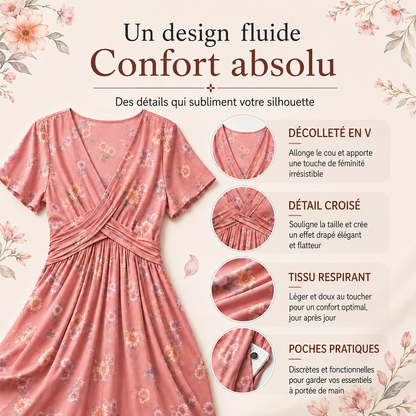 Céline™ | Robe midi à fleurs qui camoufle le ventre avec décolleté en V