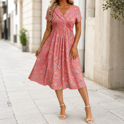Céline™ | Robe midi à fleurs qui camoufle le ventre avec décolleté en V