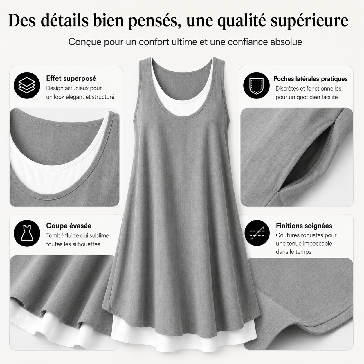 Anouk™ | Robe sans manches effet superposé qui camoufle le ventre