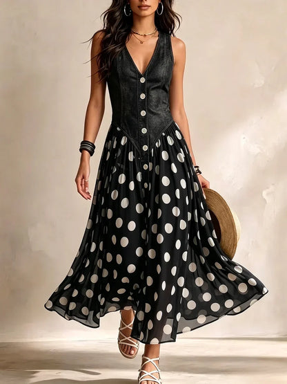 Delphine™ | Robe Maxi en Denim à Pois qui camoufle le ventre