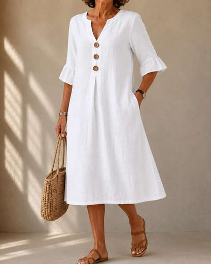 Delphine™ | Robe midi qui camoufle le ventre avec boutons