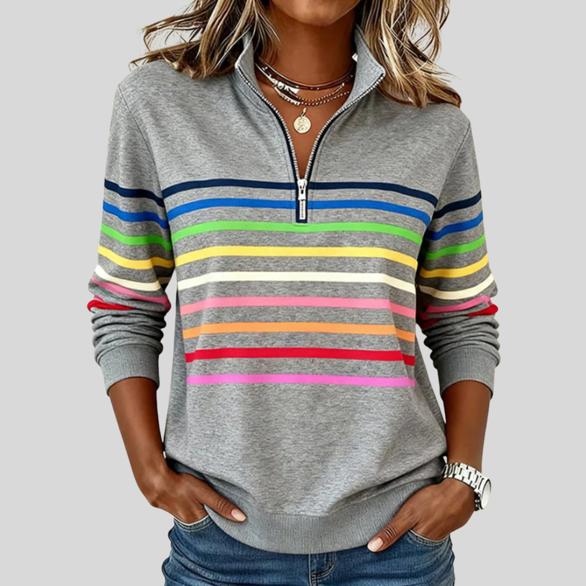 Chloé™ | Pull Rayé Coloré avec Fermeture Éclair Quart