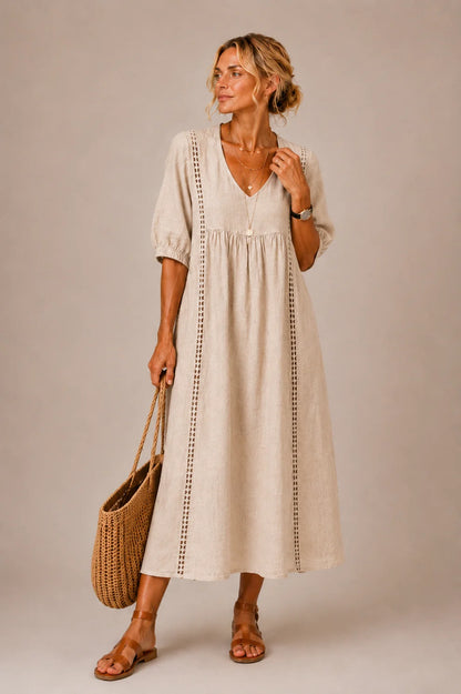 Céline™ | Robe midi qui camoufle le ventre avec décolleté en V