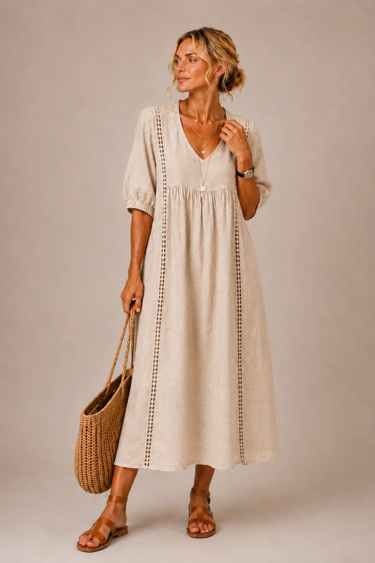 Céline™ | Robe midi qui camoufle le ventre avec décolleté en V