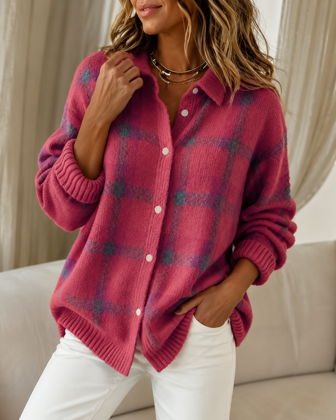 Isabelle™ | Gilet à carreaux en tricot qui camoufle le ventre