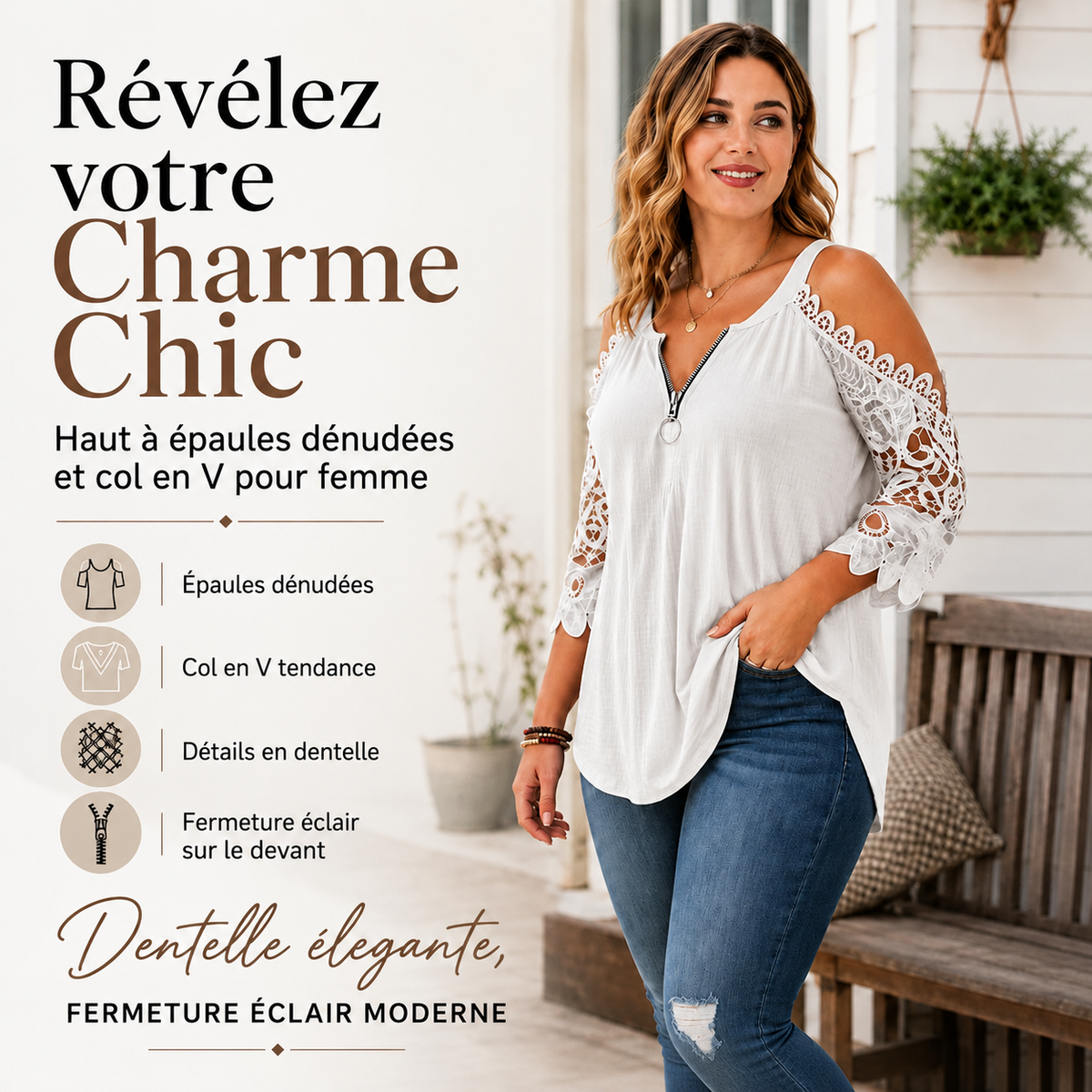 Céline™ | Élégant top en dentelle épaules dénudées avec fermeture éclair