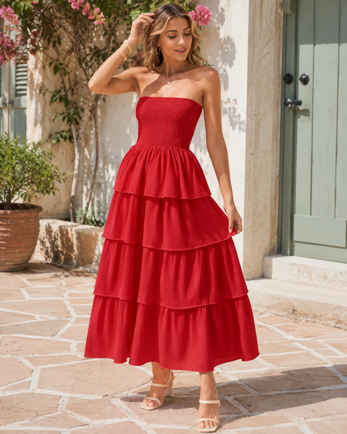 Solène™ | Robe maxi sans bretelles qui camoufle le ventre avec volants