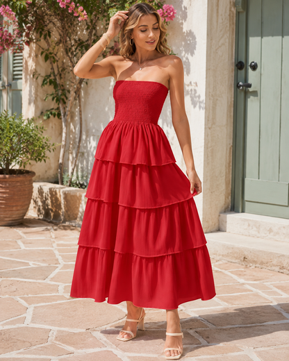 Solène™ | Robe maxi sans bretelles qui camoufle le ventre avec volants