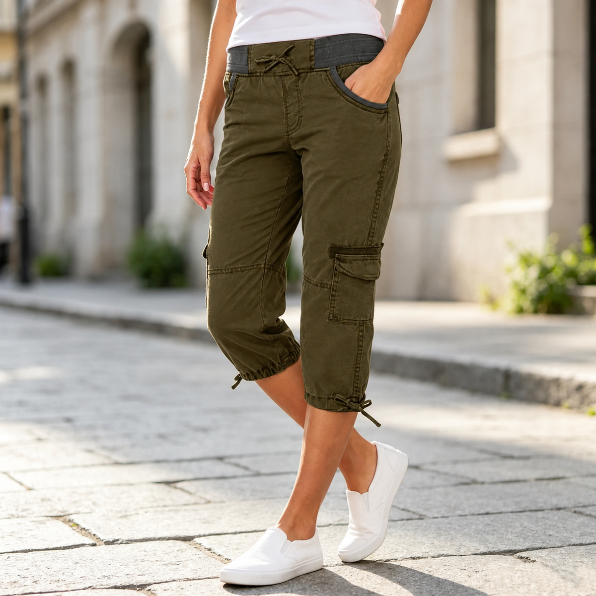 Margaux™ | Pantalon capri cargo taille haute qui camoufle le ventre