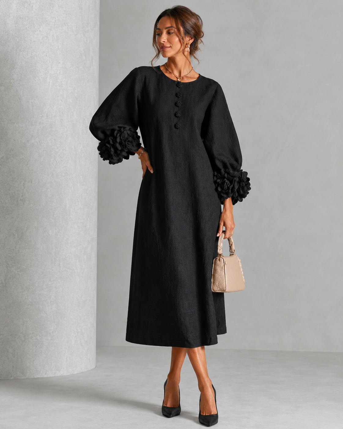 Margaux™ | Robe midi élégante qui camoufle le ventre avec manches fleuries