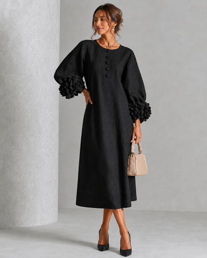 Margaux™ | Robe midi élégante qui camoufle le ventre avec manches fleuries