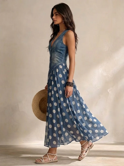 Delphine™ | Robe Maxi en Denim à Pois qui camoufle le ventre