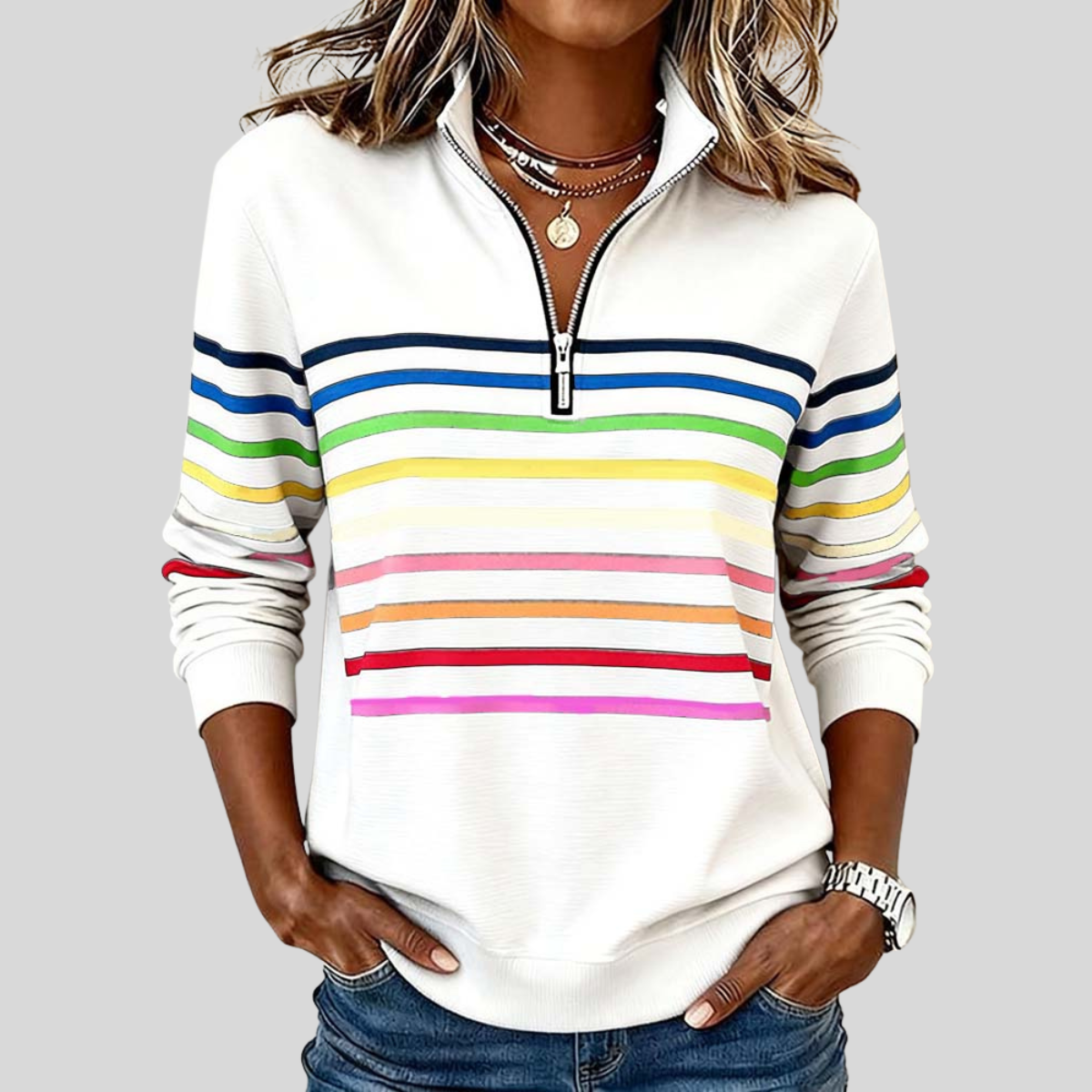 Chloé™ | Pull Rayé Coloré avec Fermeture Éclair Quart 3