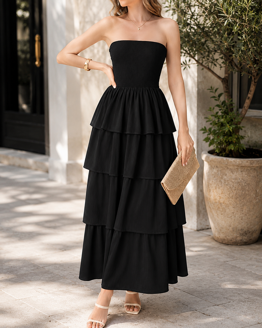 Solène™ | Robe maxi sans bretelles qui camoufle le ventre avec volants