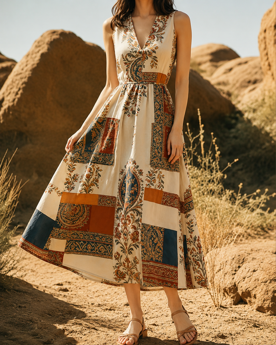 Hélène™ | Robe midi patchwork qui camoufle le ventre