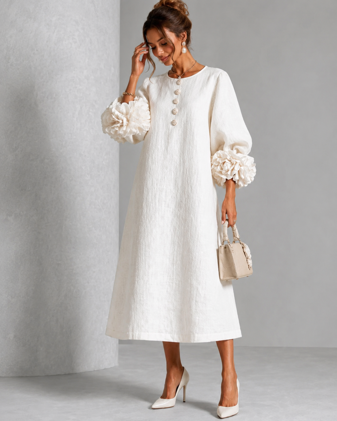 Margaux™ | Robe midi élégante qui camoufle le ventre avec manches fleuries