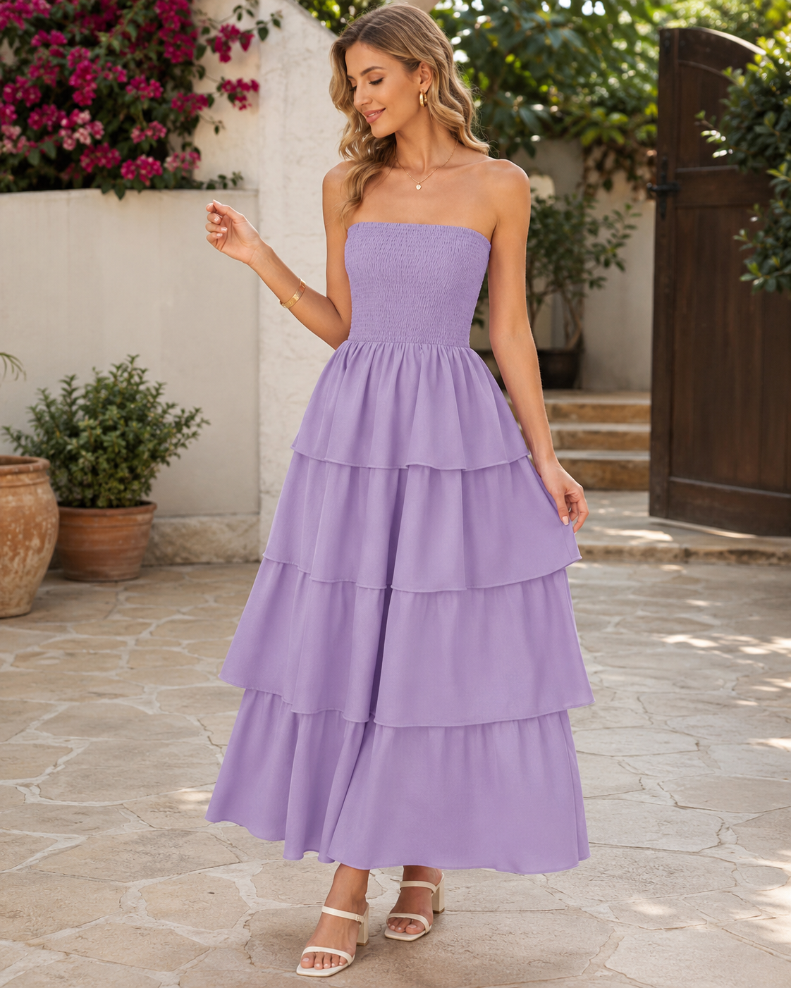 Solène™ | Robe maxi sans bretelles qui camoufle le ventre avec volants