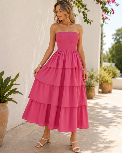 Solène™ | Robe maxi sans bretelles qui camoufle le ventre avec volants