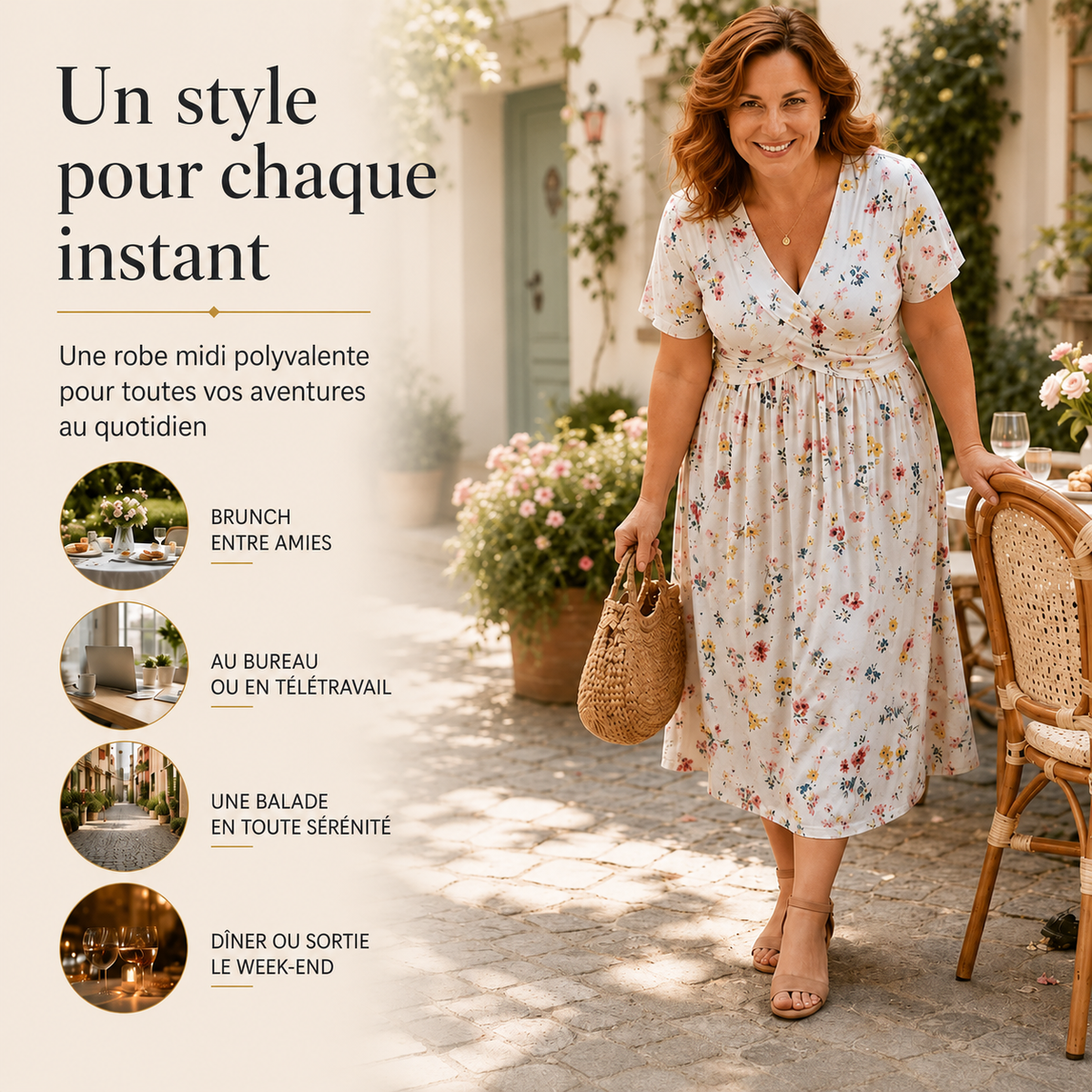 Céline™ | Robe midi à fleurs qui camoufle le ventre avec décolleté en V