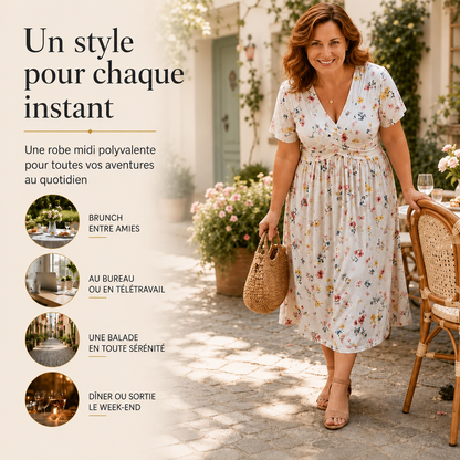 Céline™ | Robe midi à fleurs qui camoufle le ventre avec décolleté en V
