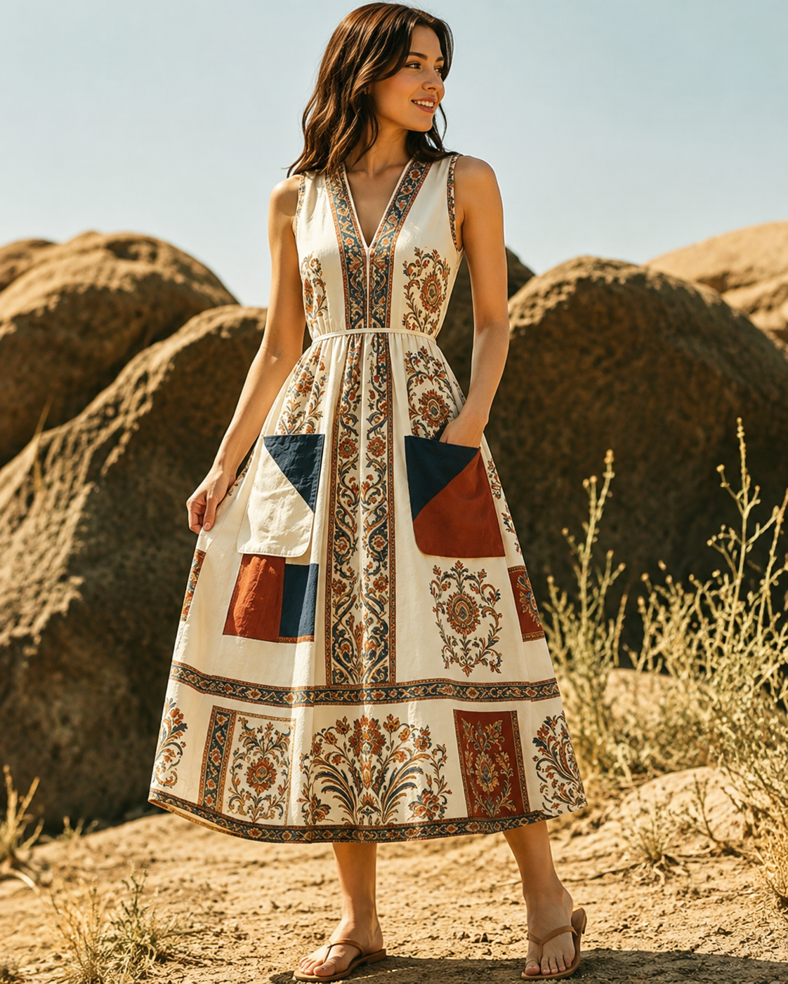 Hélène™ | Robe midi patchwork qui camoufle le ventre