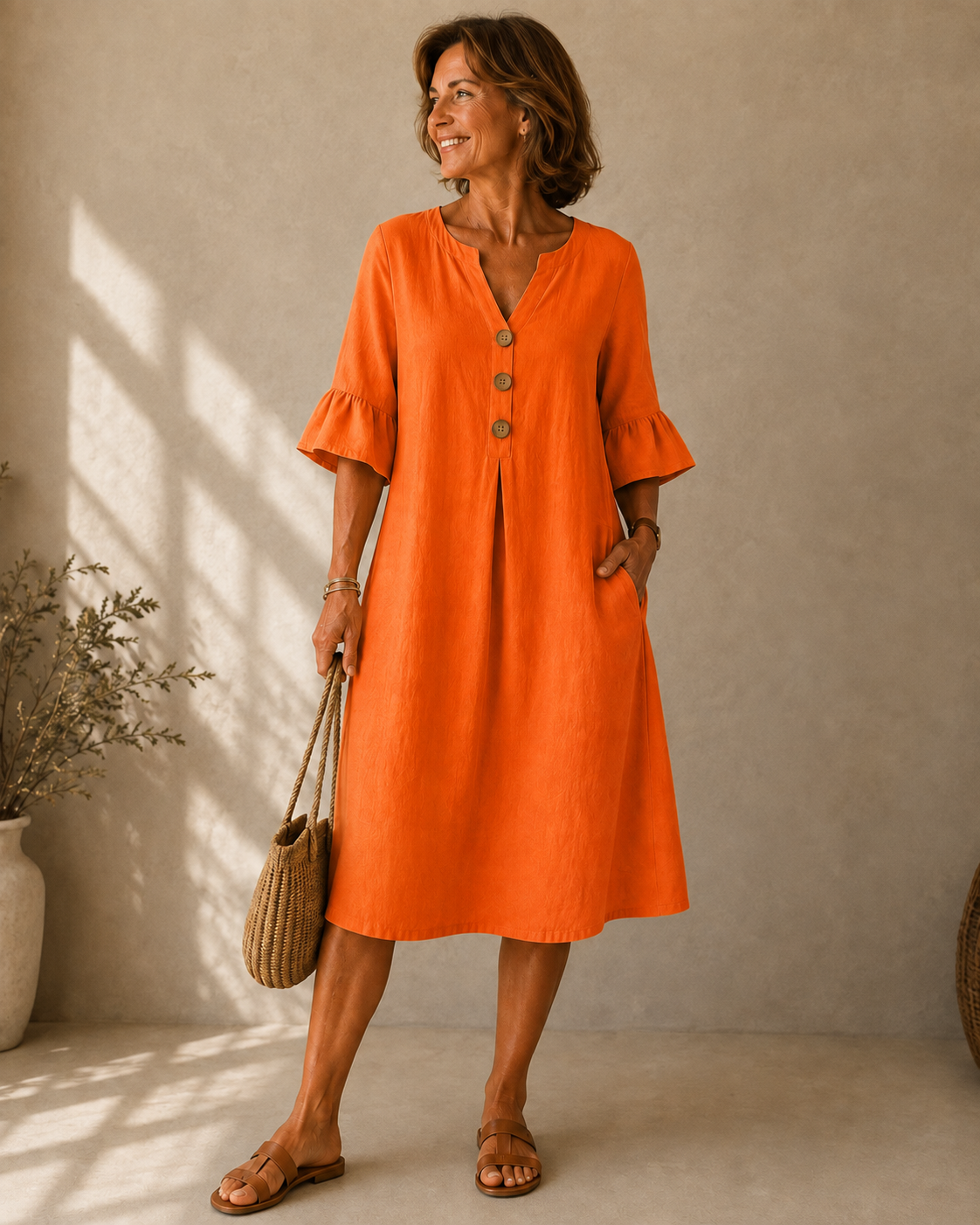 Delphine™ | Robe midi qui camoufle le ventre avec boutons