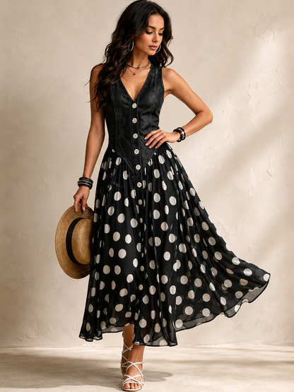 Delphine™ | Robe Maxi en Denim à Pois qui camoufle le ventre