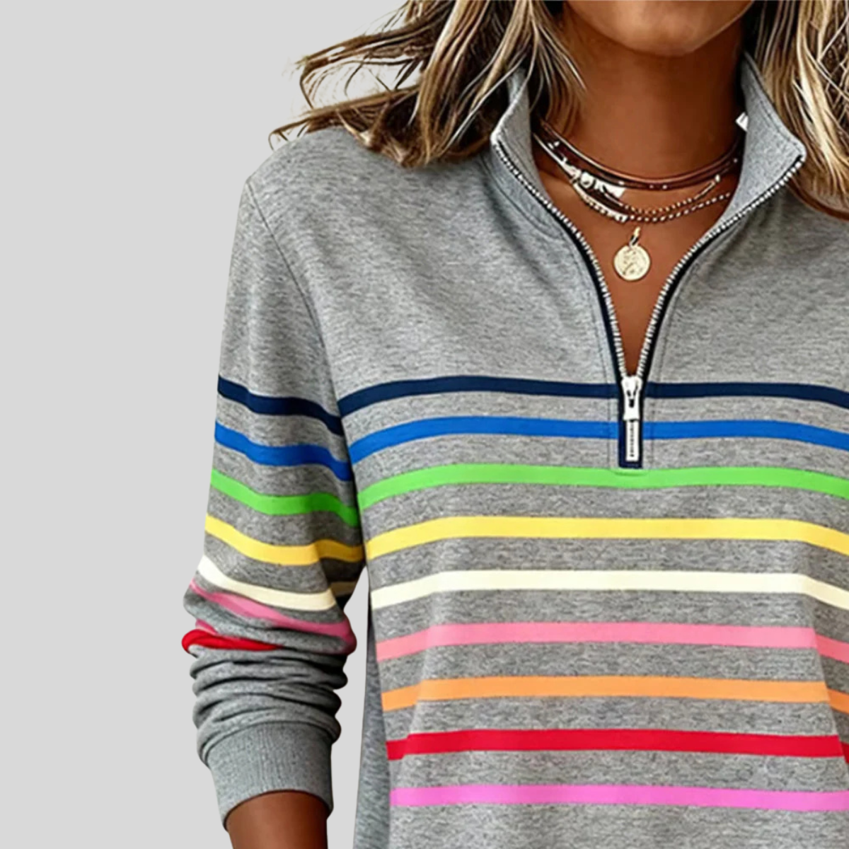 Chloé™ | Pull Rayé Coloré avec Fermeture Éclair Quart 7