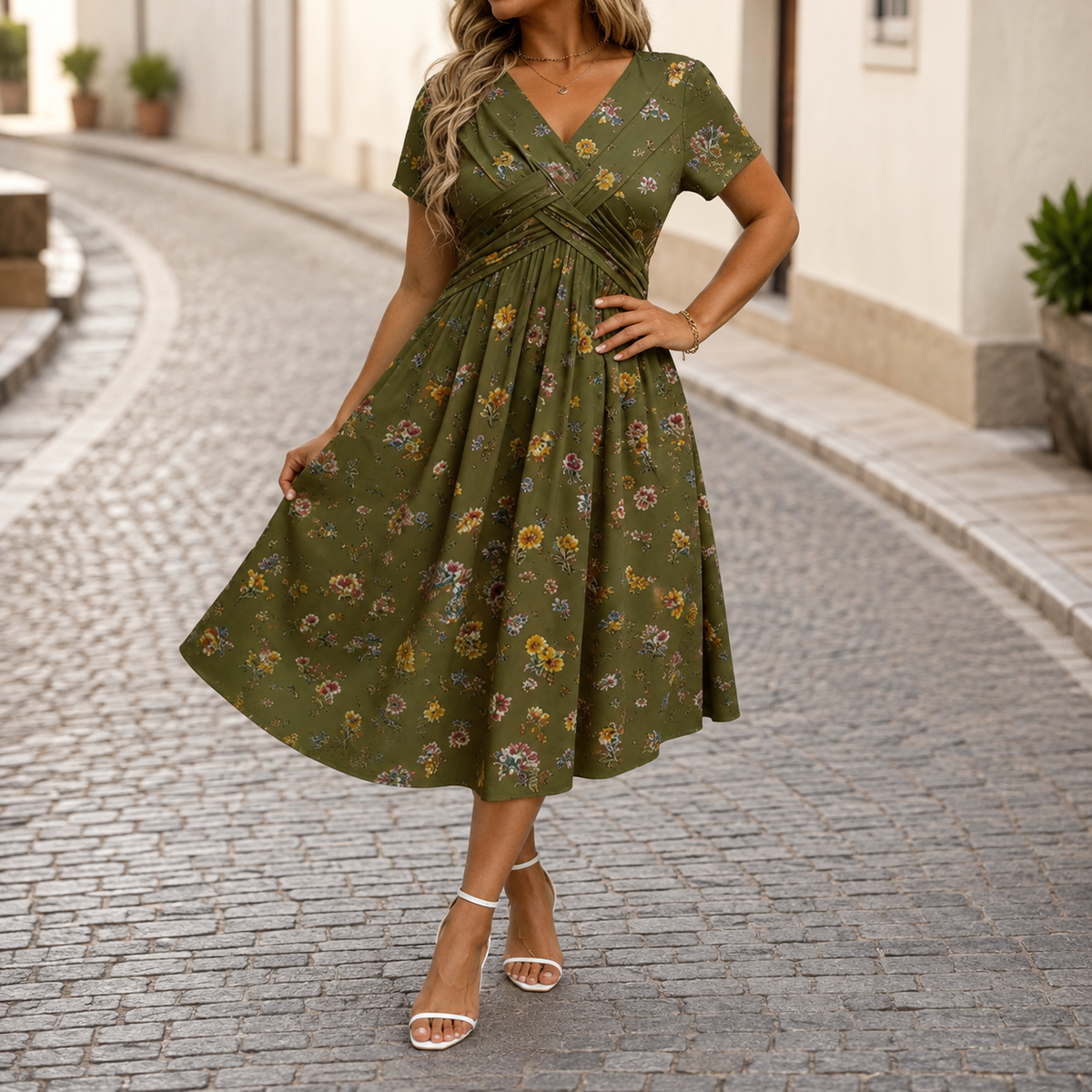 Céline™ | Robe midi à fleurs qui camoufle le ventre avec décolleté en V