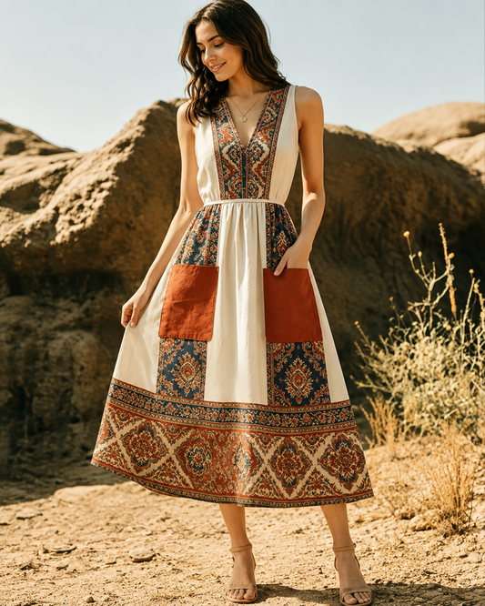Hélène™ | Robe midi patchwork qui camoufle le ventre