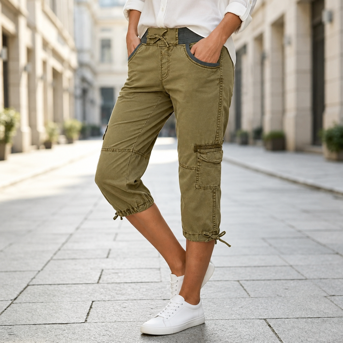 Margaux™ | Pantalon capri cargo taille haute qui camoufle le ventre