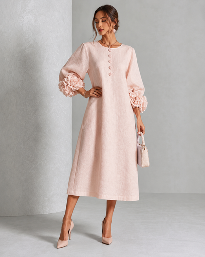 Margaux™ | Robe midi élégante qui camoufle le ventre avec manches fleuries