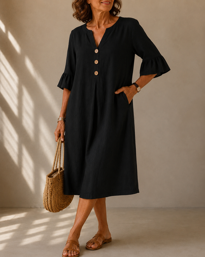 Delphine™ | Robe midi qui camoufle le ventre avec boutons