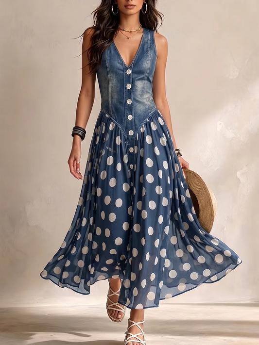Delphine™ | Robe Maxi en Denim à Pois qui camoufle le ventre