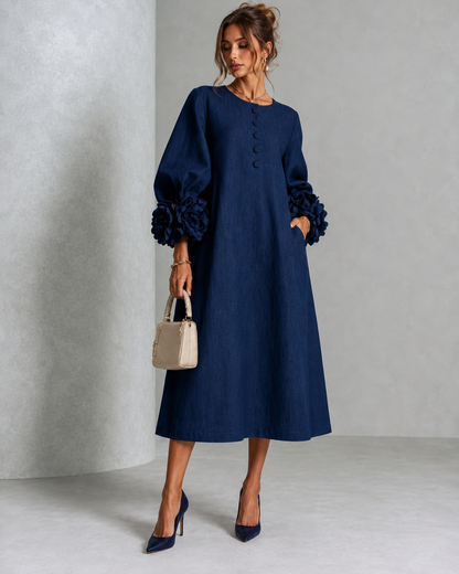 Margaux™ | Robe midi élégante qui camoufle le ventre avec manches fleuries