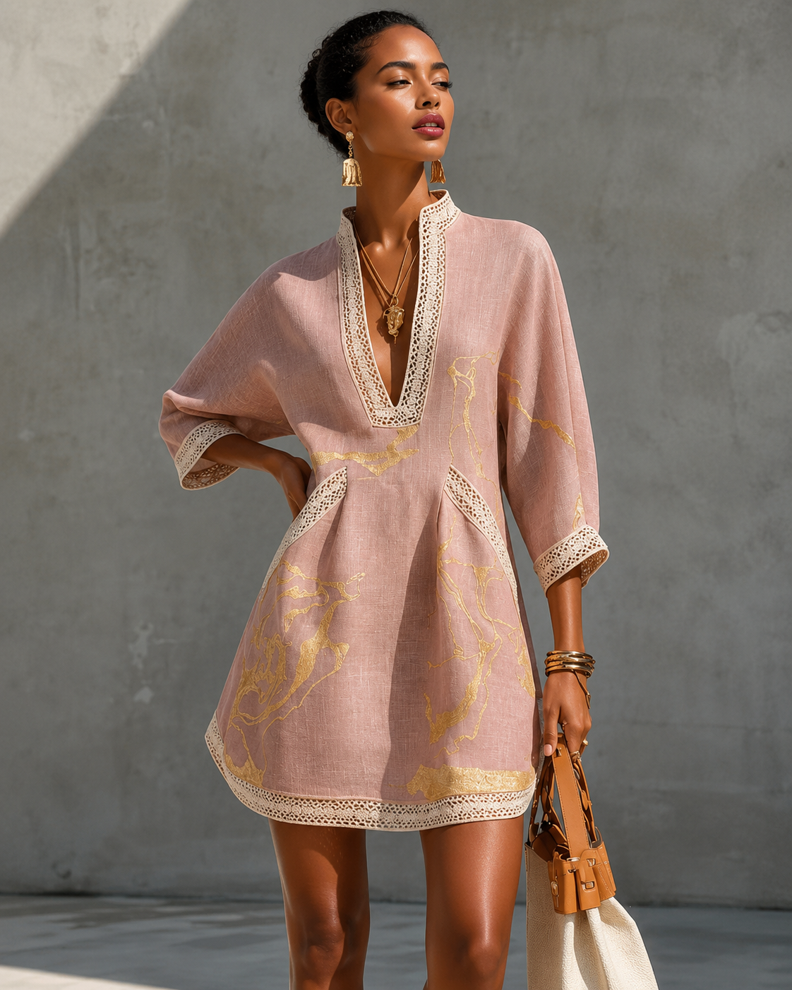 Céline™ | Robe Mini Élégante Avec Imprimé Doré Qui Camoufle Le Ventre