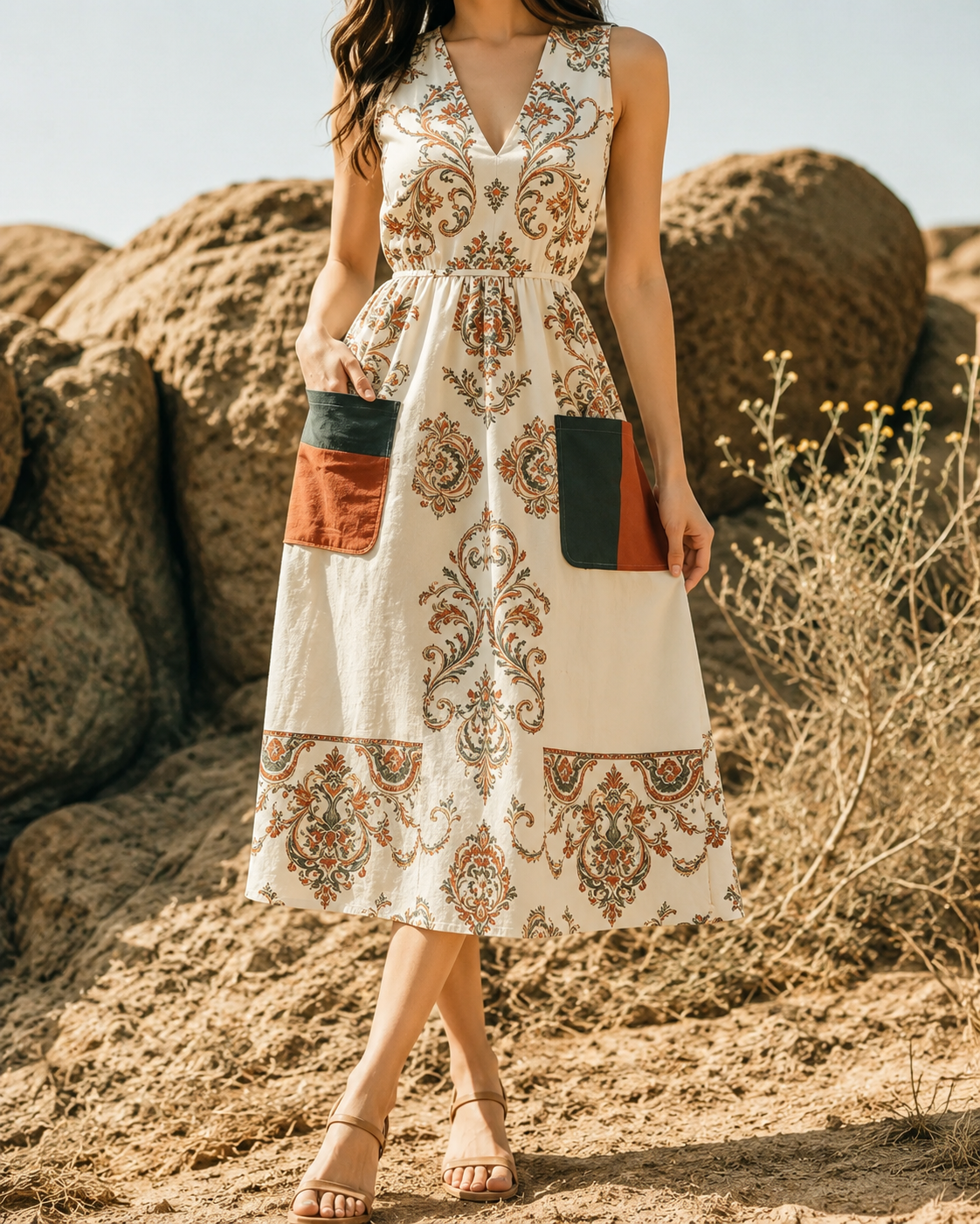 Hélène™ | Robe midi patchwork qui camoufle le ventre