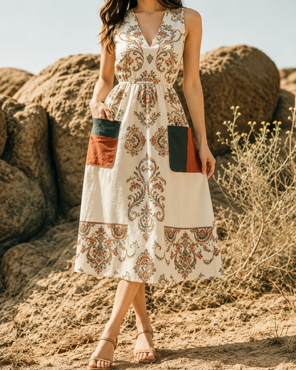 Hélène™ | Robe midi patchwork qui camoufle le ventre