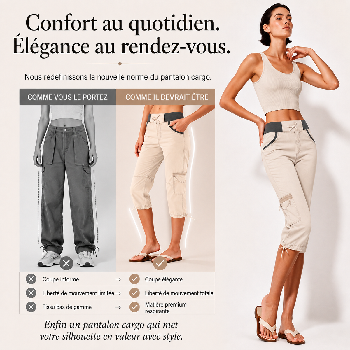 Margaux™ | Pantalon capri cargo taille haute qui camoufle le ventre