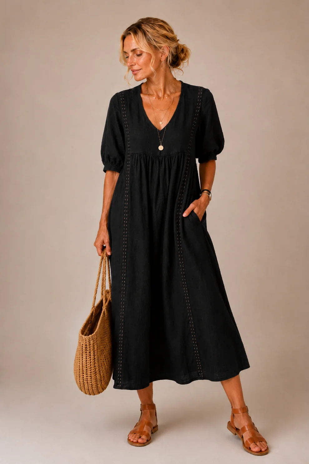 Céline™ | Robe midi qui camoufle le ventre avec décolleté en V
