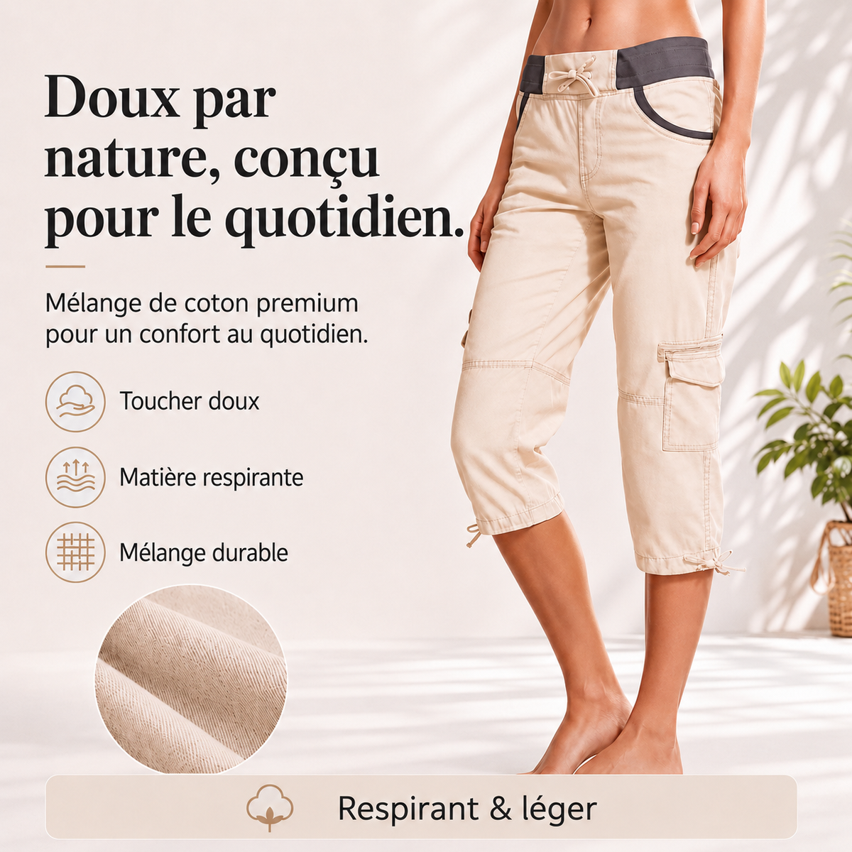 Margaux™ | Pantalon capri cargo taille haute qui camoufle le ventre