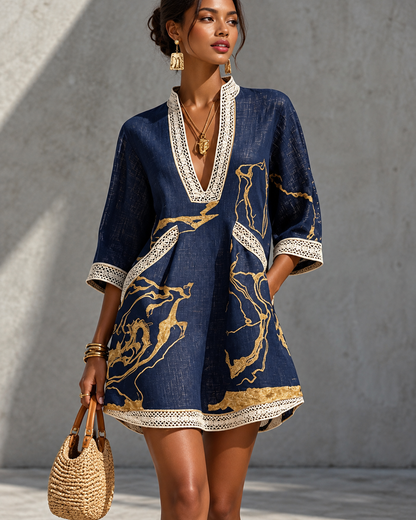 Céline™ | Robe Mini Élégante Avec Imprimé Doré Qui Camoufle Le Ventre