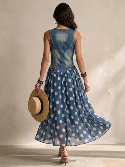 Delphine™ | Robe Maxi en Denim à Pois qui camoufle le ventre