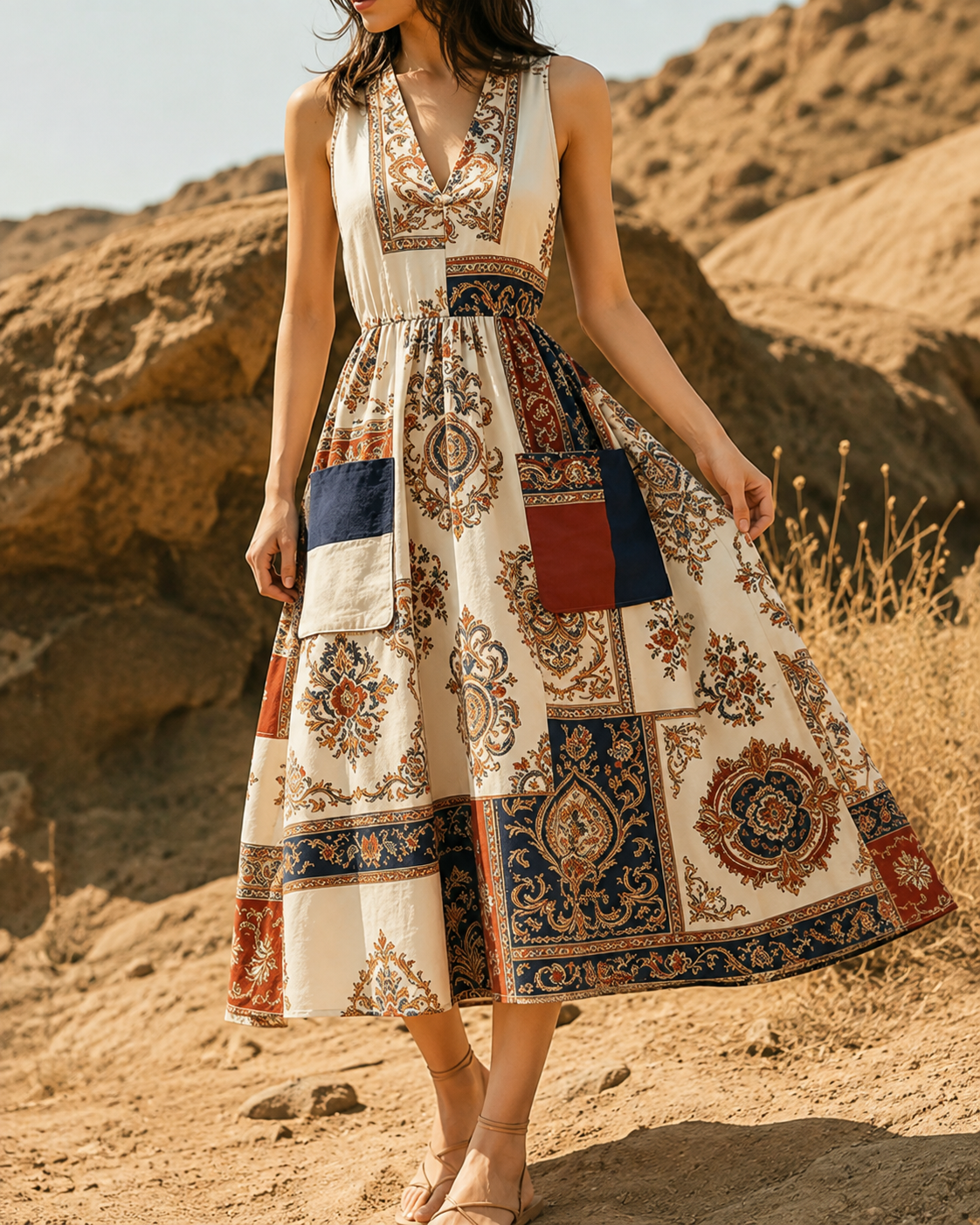 Hélène™ | Robe midi patchwork qui camoufle le ventre