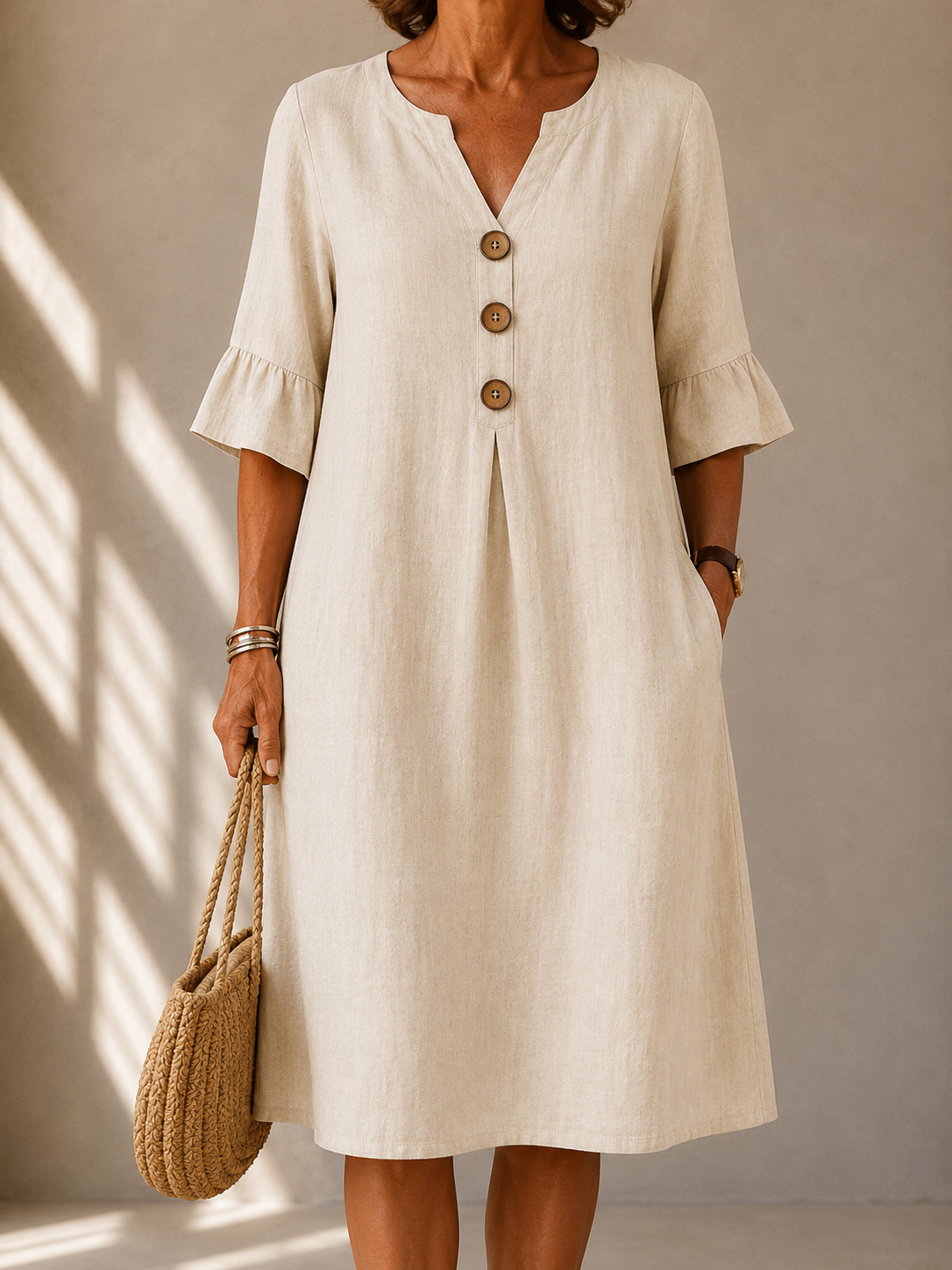 Delphine™ | Robe midi qui camoufle le ventre avec boutons