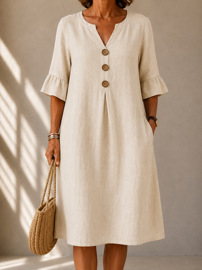 Delphine™ | Robe midi qui camoufle le ventre avec boutons