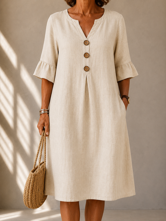 Delphine™ | Robe midi qui camoufle le ventre avec boutons