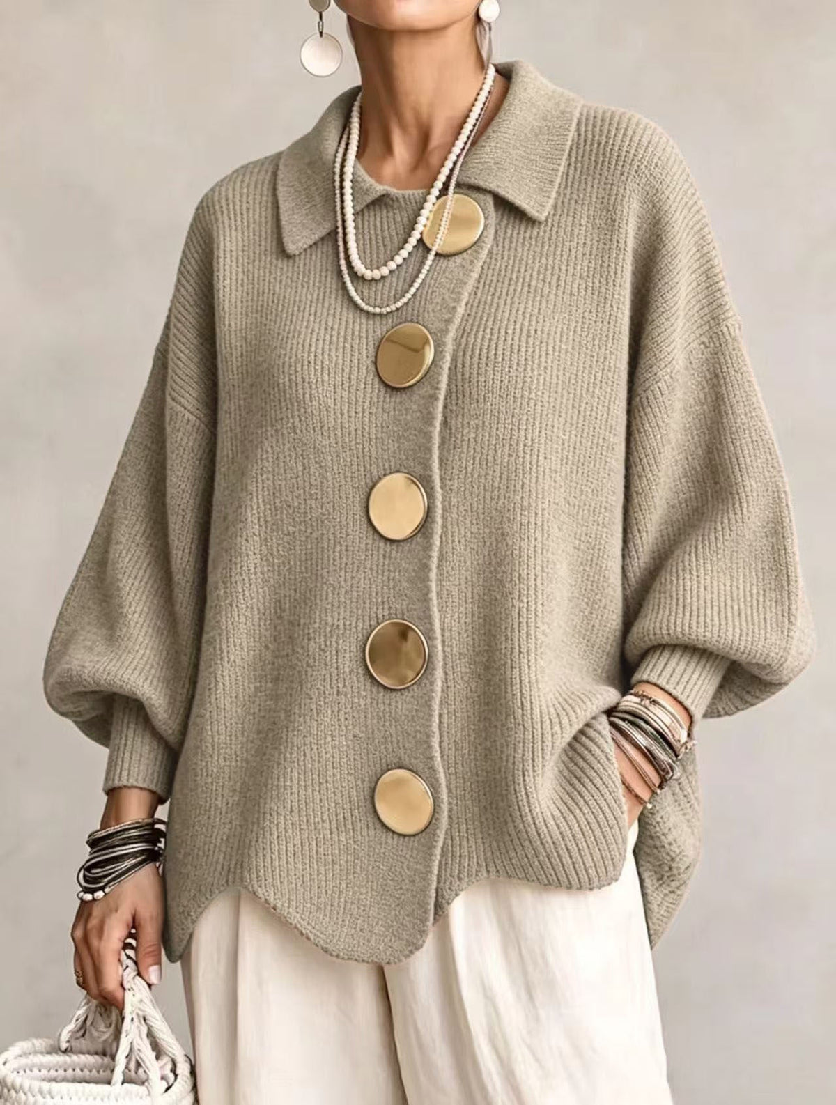 Anaïs™ | Gilet oversize élégant à gros boutons dorés 10